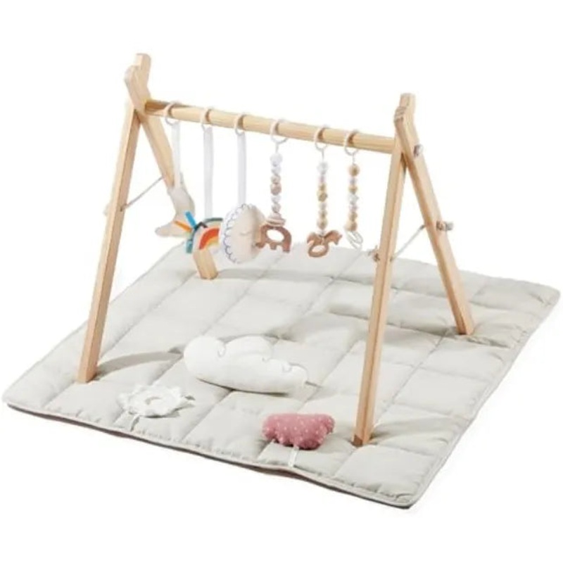 Wooden Play Gym with 9 Sensory Toys, Foldable Baby Play GymFrame Activity Center – Natural Color