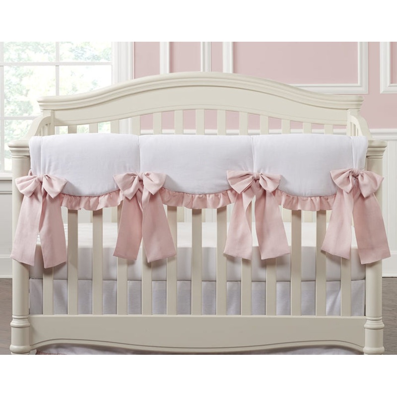 Liz & Roo All-White Scalloped Rail Cover with Pink Ruffle + 4 Pink Linen Bows