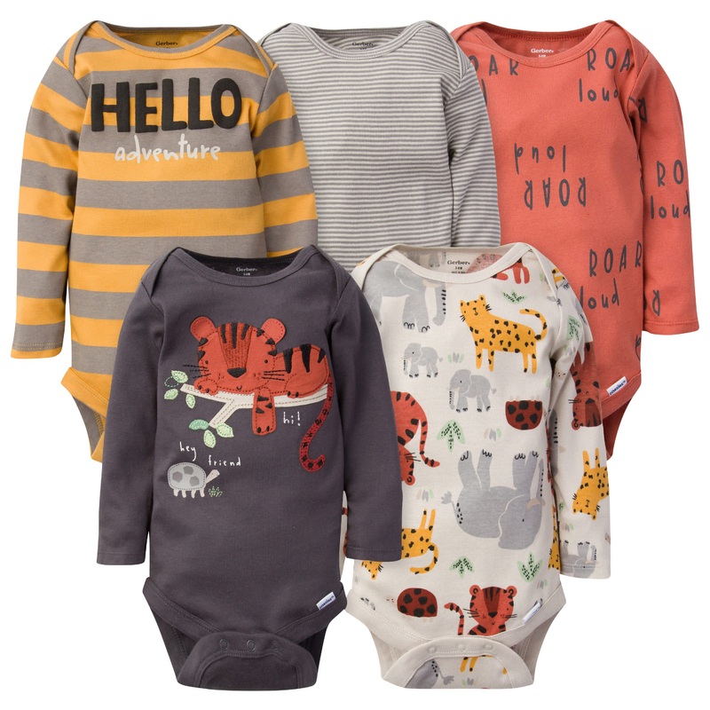 5-Pack Baby Boys Safari Long Sleeve Onesies Bodysuits