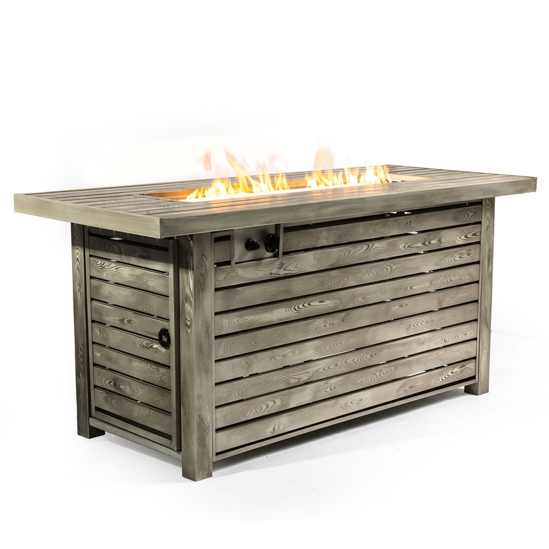 54″ Propane Gas Fire Pit Table, 50000 Btu Rectangular Steel Fire Pit With Imitation Wood Grain for Outside Patio Deck Garden Courtyard – Light Beige