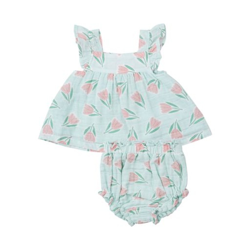 Butterfly Sleeve Pinafore & High Waisted Diaper Cover – Tulips 3-6m