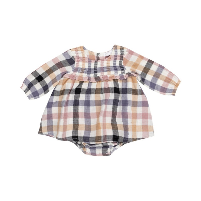 Long Sleeved Smocked Ruffle Bubble With Skirt – Harvest Plaid 0-3m