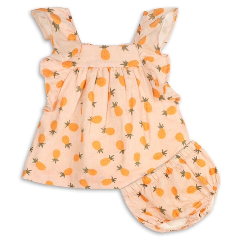 Pineapple Ruffle Sleeve Baby Dress + Bloomer – Light Orange 0-3m