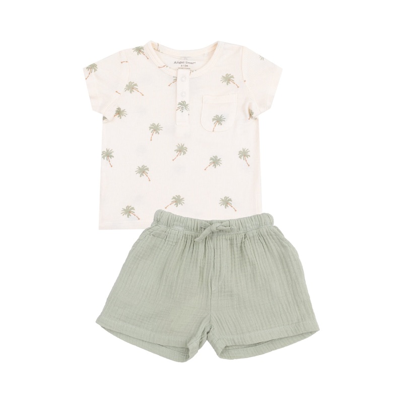 Ribbed Henley with Pocket and Muslin Short Set – Palm Trees 12-18m