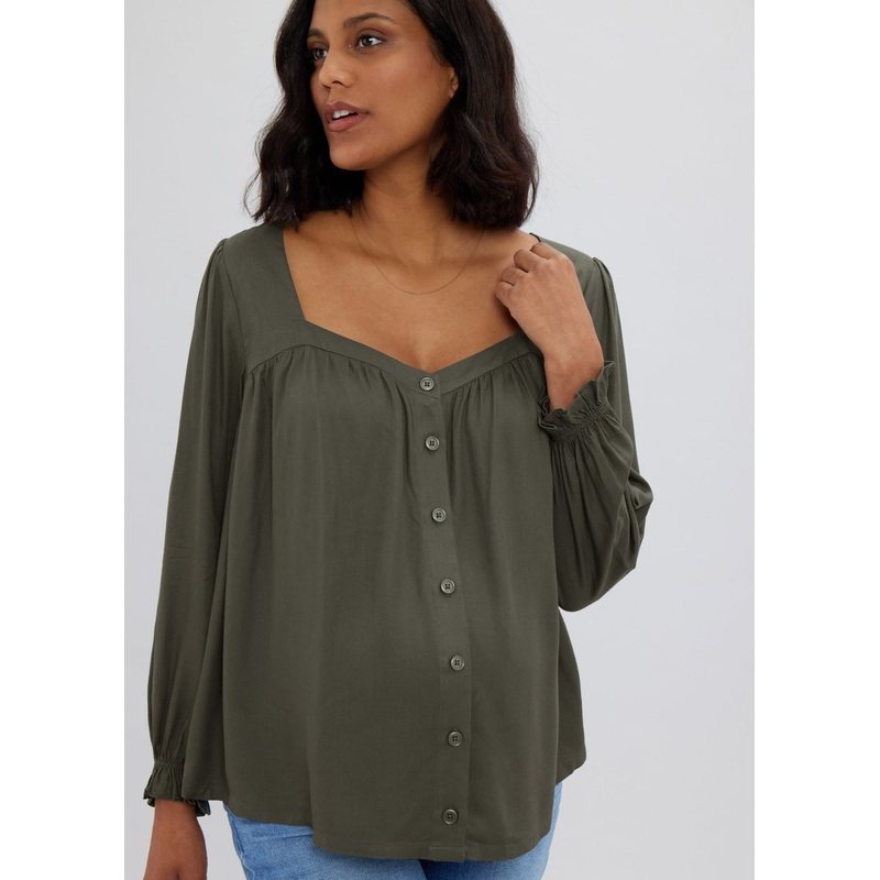 Button Front Sweetheart Blouse – Olive XS