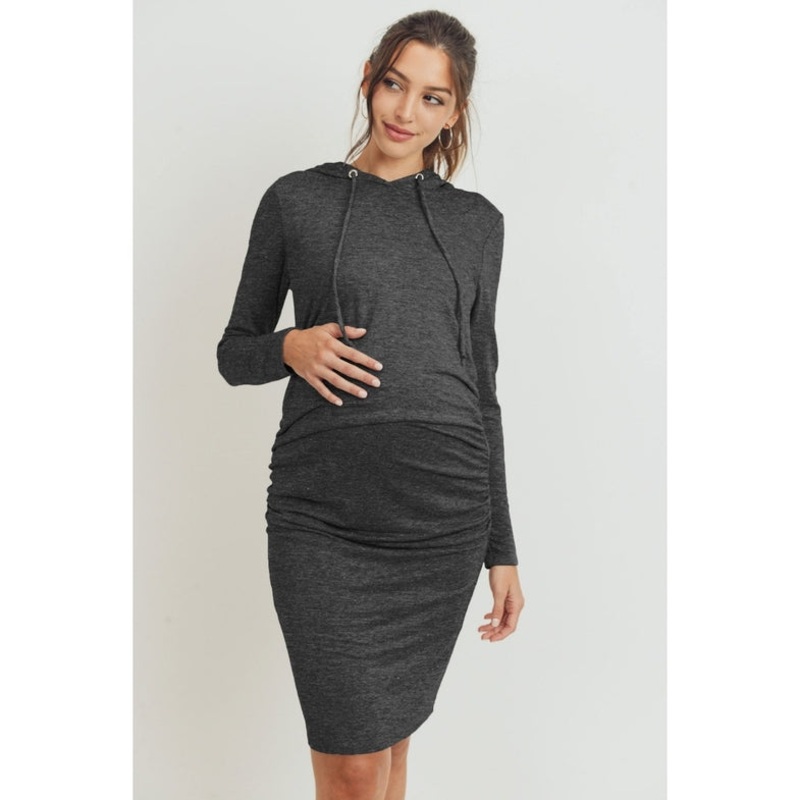 Super French Terry Midi Maternity Hoodie Dress – Two Tone Charcoal S