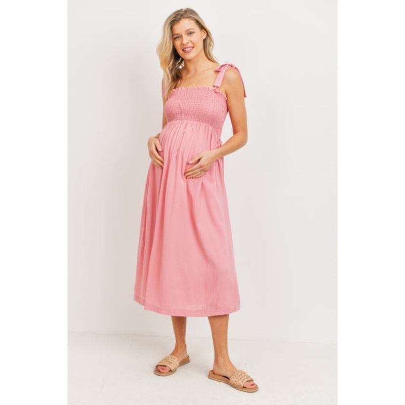 Tie Shoulder Smocked Maternity Midi Dress – Pink S