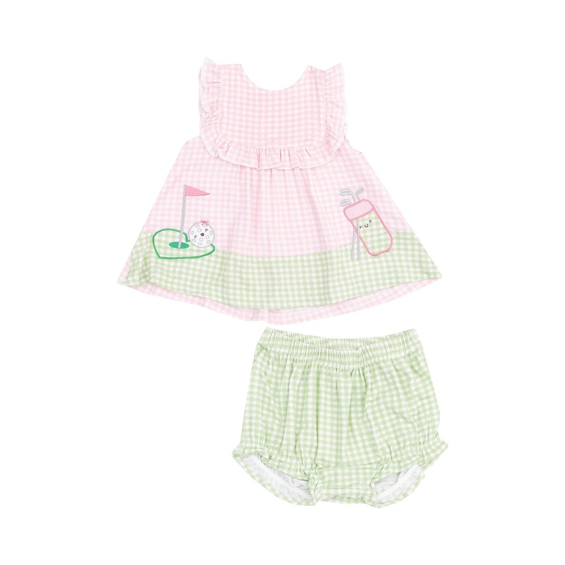 Ruffle Top with Applique and Bloomer – Mini Gingham Pink 0-3m