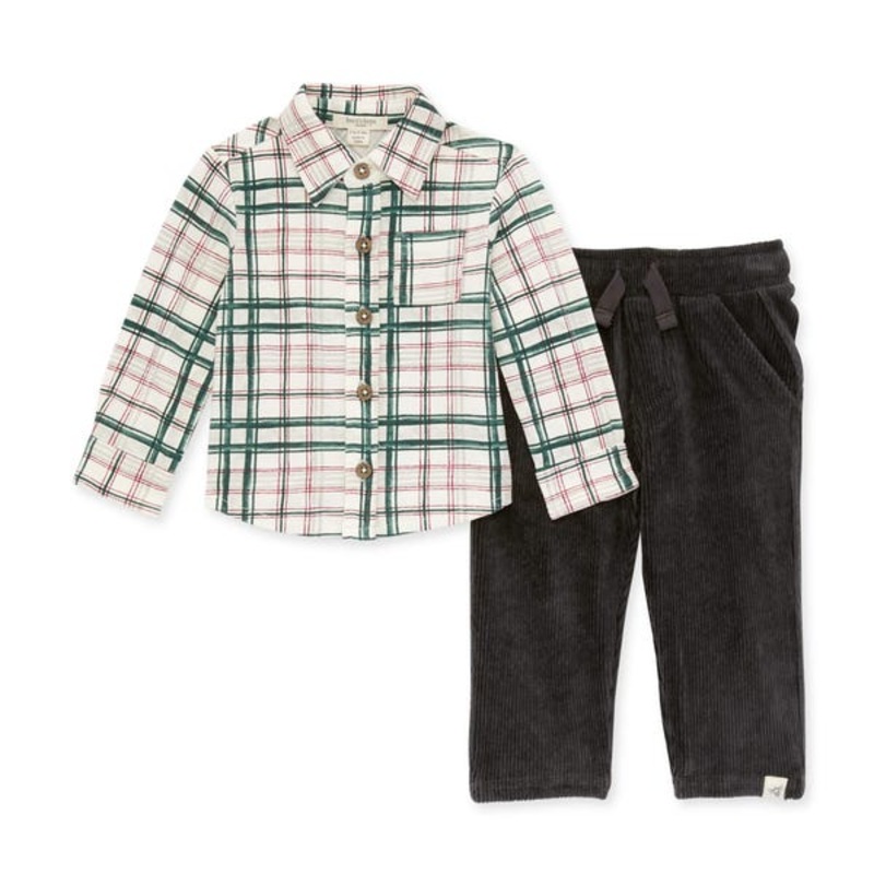 Plaid Button Down & Raised Rib Pant Set 0-3m