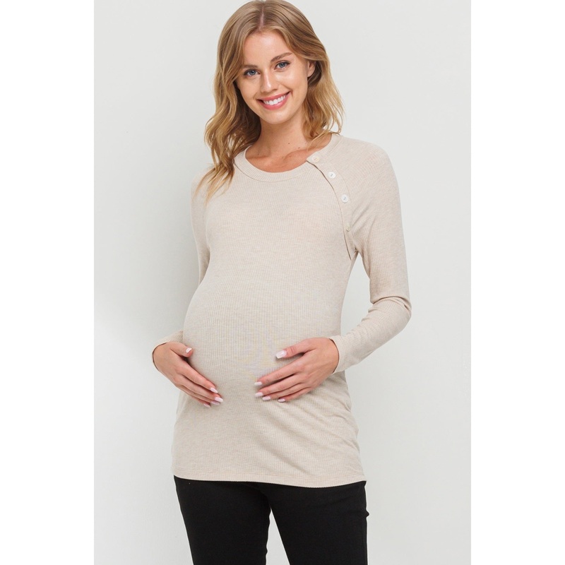 Round Neck Button Detail Maternity Top – Oatmeal S