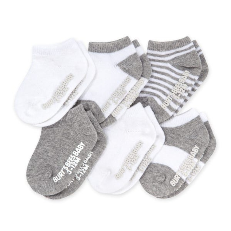6 Pack Organic Cotton Ankle Socks – White & Grey Striped 0-3m