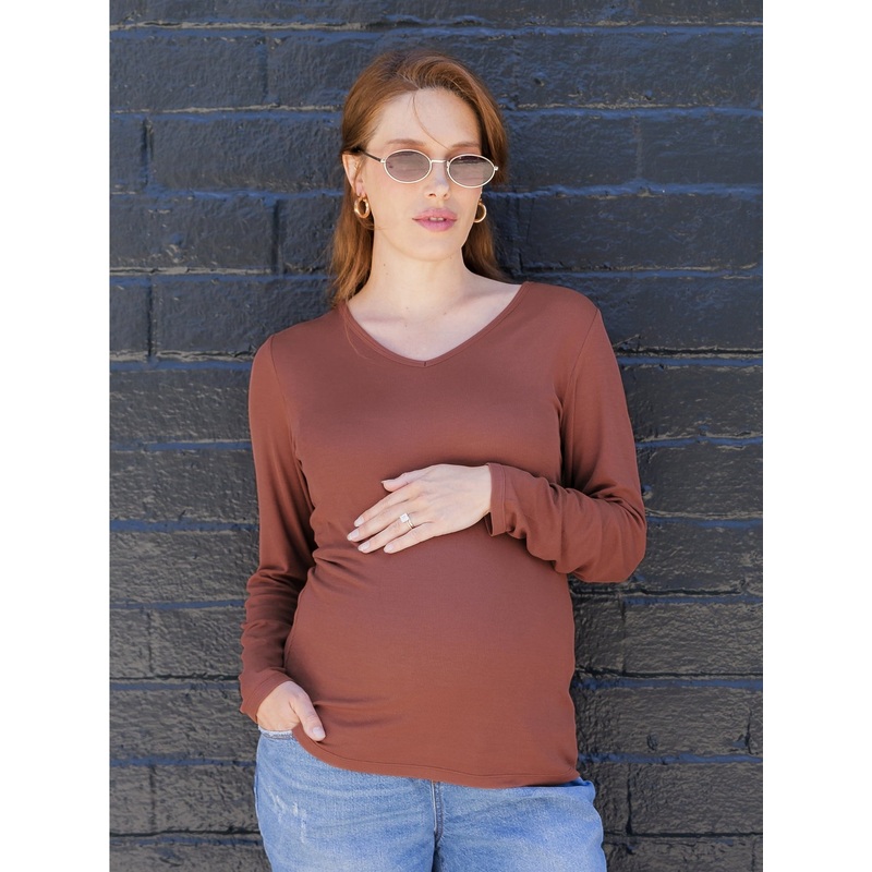 Ribbed Maternity & Nursing Long Sleeve Shirt – Redwood XS