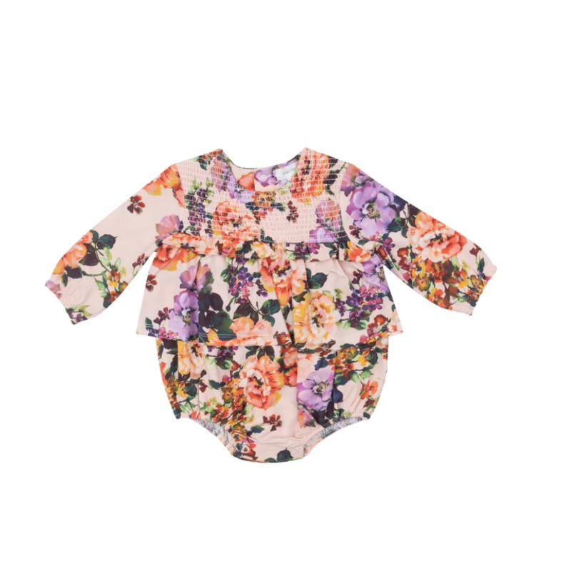 Smocked Long Sleeve Bubble with Skirt – Autumn Rose 0-3m