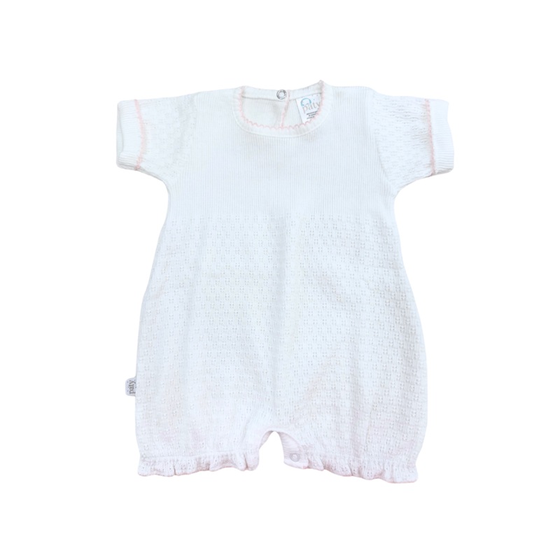 Short Sleeve Cuffed Gathered Knit Bubble – White with Pink Trim NB