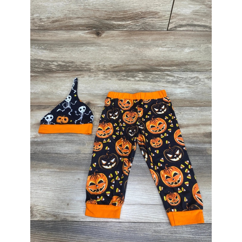 2pc Jack O Lantern Pumpkin Print Pants & Hat Black sz 12-18m