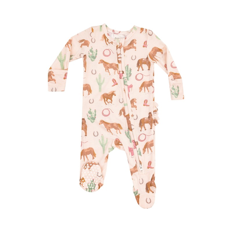 Bamboo Ruffle Back Zipper Footie – Western Horses Pink NB