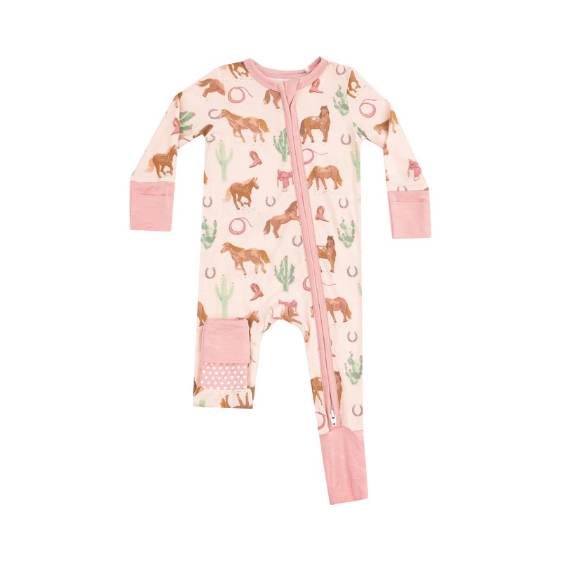 Bamboo Zipper Romper – Western Horses Pink 0-3m