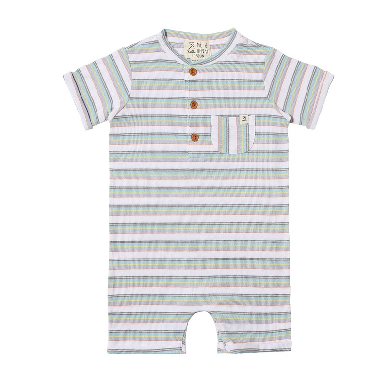 Camborne Henley Romper – Blue/Grey/Yellow Multi Stripe Rib 0-3m