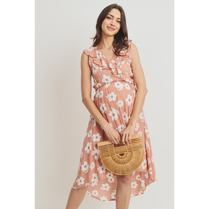 Ruffled Hi Low Floral Maternity Dress – Rust S