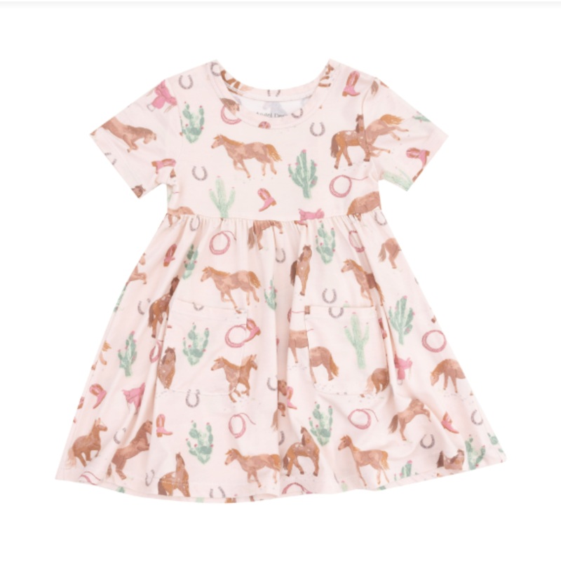 Short Sleeve Twirly Dress – Western Horses Pink 2T