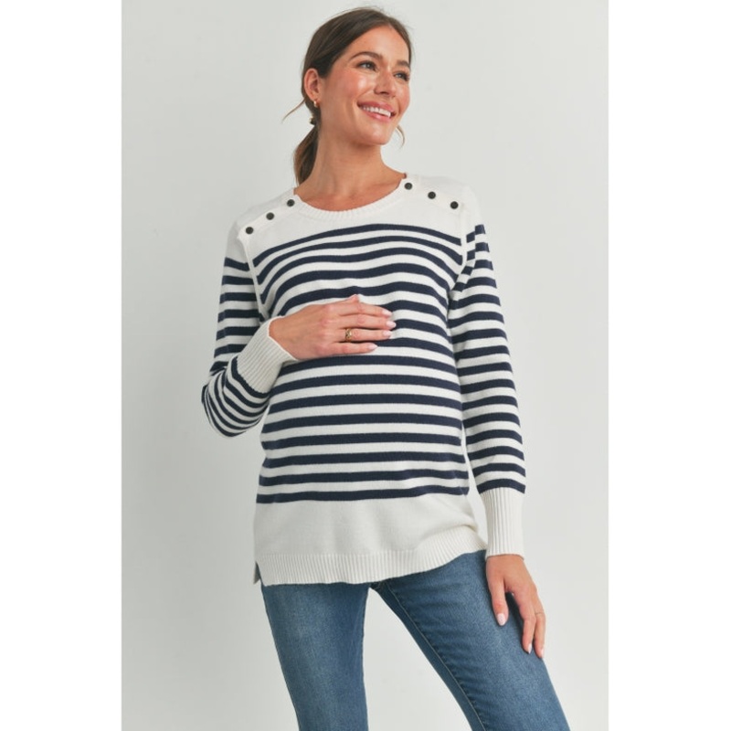 Stripe Maternity Nursing Sweater Top with Button Detail – Navy/White S