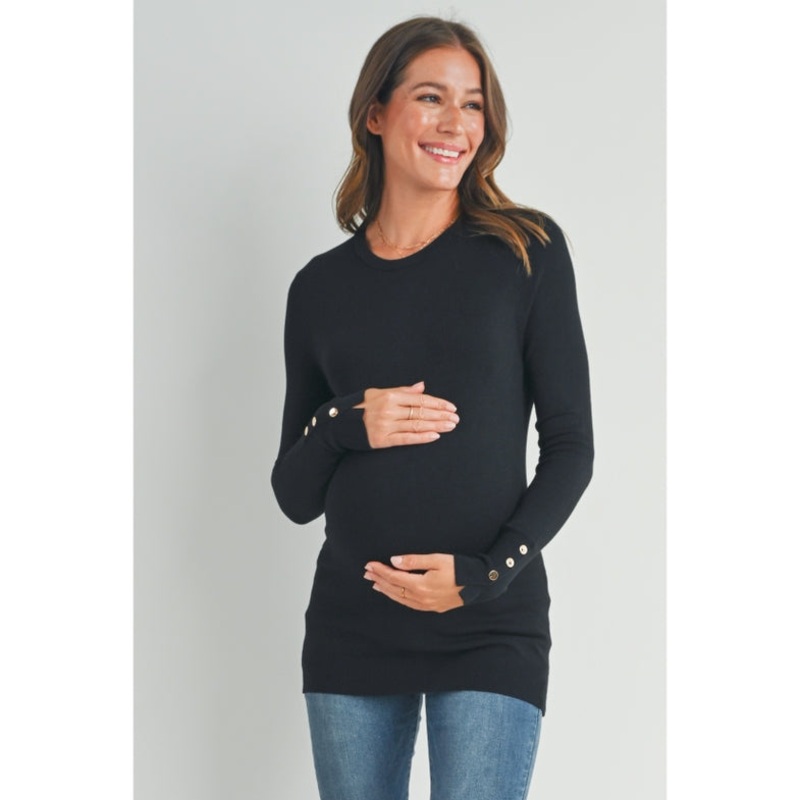 Solid Maternity Sweater Top with Sleeve Button – Black S