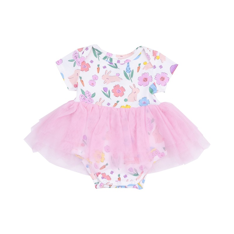 Twirly Short Sleeve Tutu Bodysuit Dress – Easter Bunnies Pink 0-3m