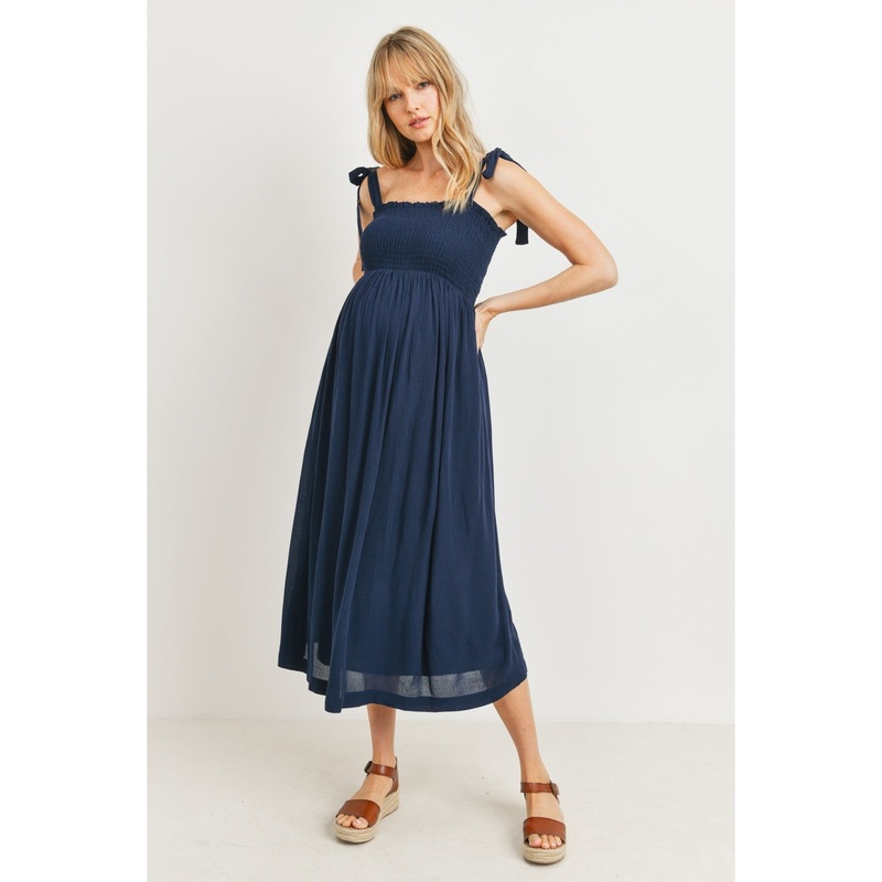 Tie Shoulder Sleeveless Smocked Maternity Dress – Navy S