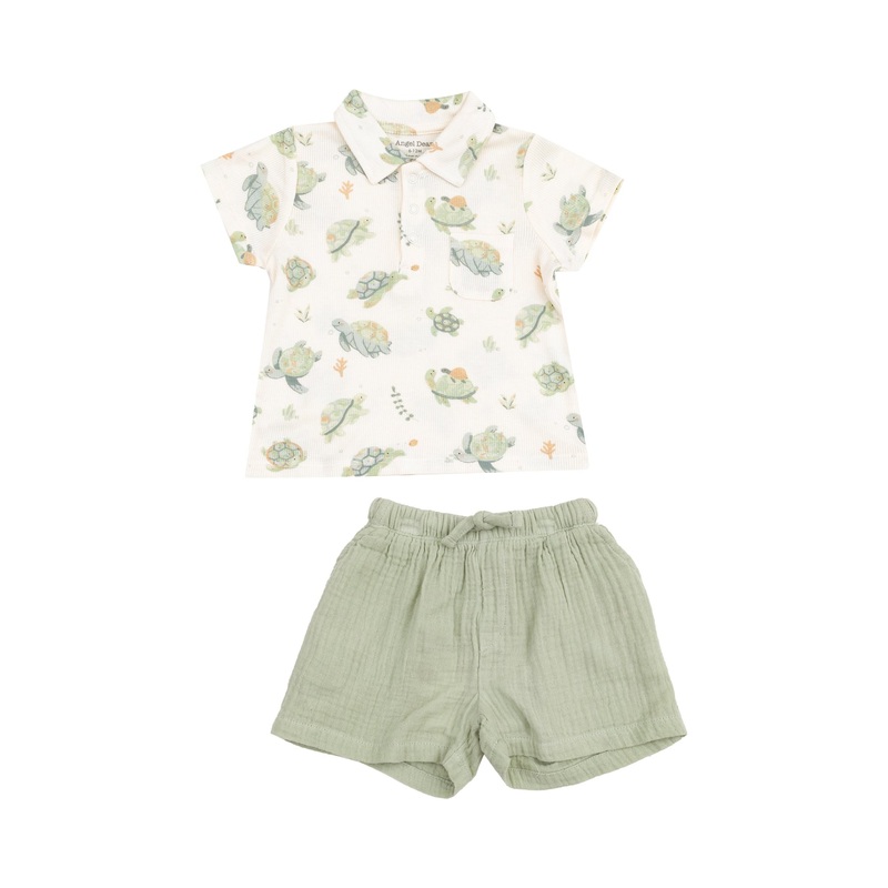 Polo Shirt and Muslin Short – Sea Turtles Rib 12-18m