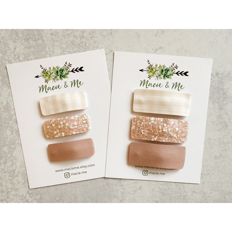 Set of 3 Snap Clips – Neutral Sand, Champagne, and Glitter