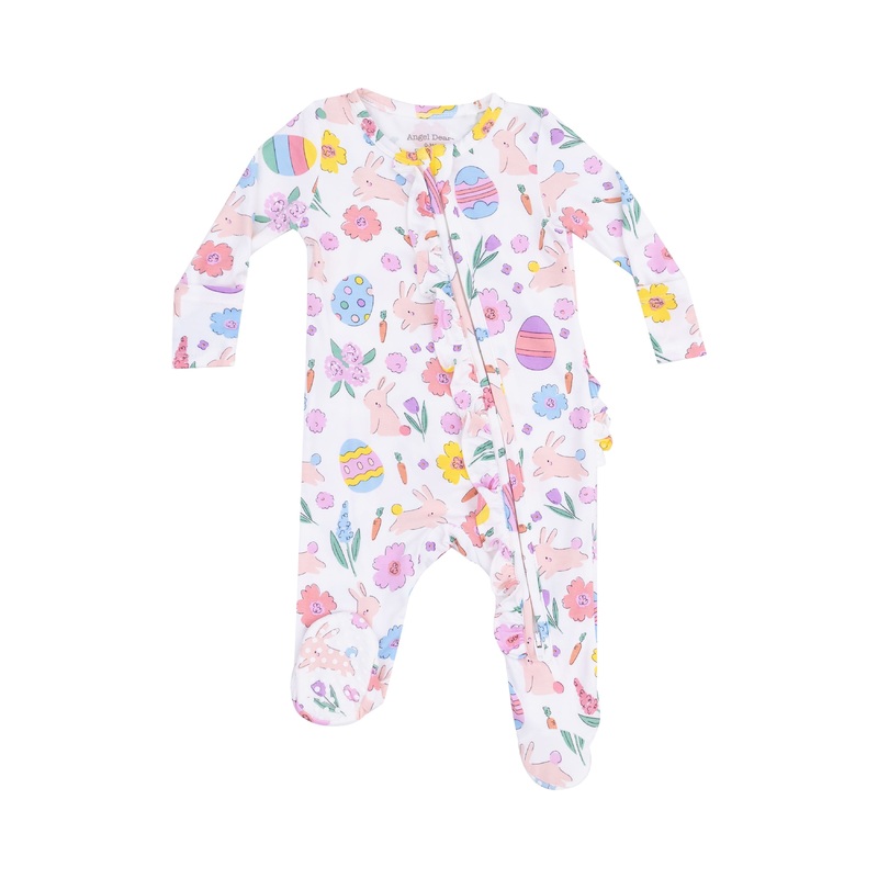 Bamboo Ruffle Back Zipper Footie – Easter Bunnies NB