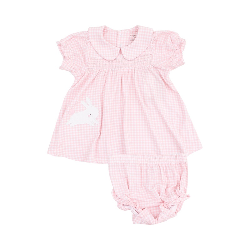 Smocked Peter Pan Collar Dress with Diaper Cover – Mini Gingham Pink 0-3m