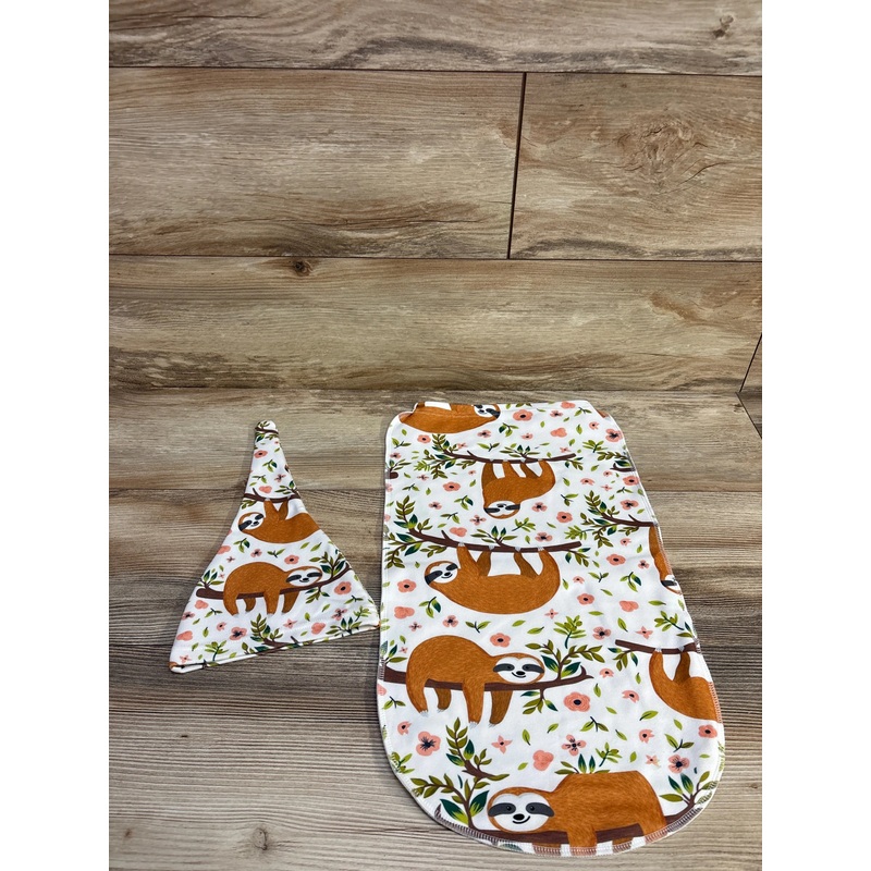 2pc Sloth Cocoon Swaddle & Hat White sz 0-3m