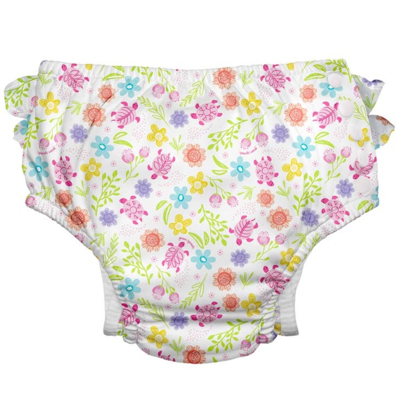 Eco Snap Ruffled Swim Diaper – White Turtle Floral 6m