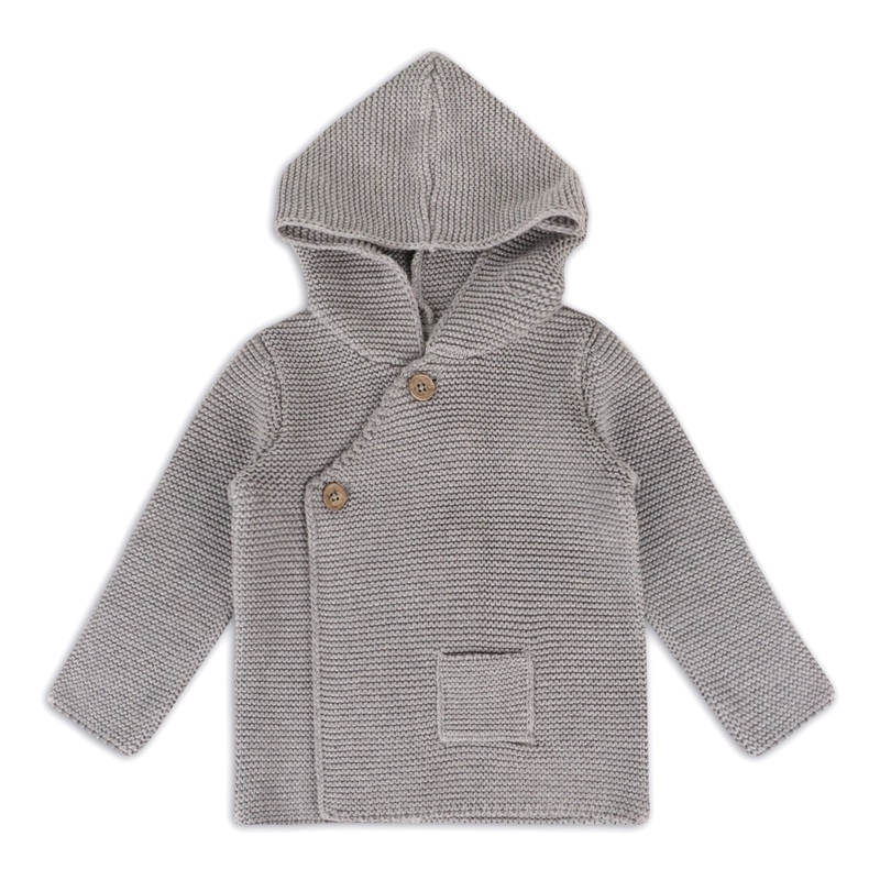 Hooded Button & Pocket Sweater – Heather Grey 3-6m