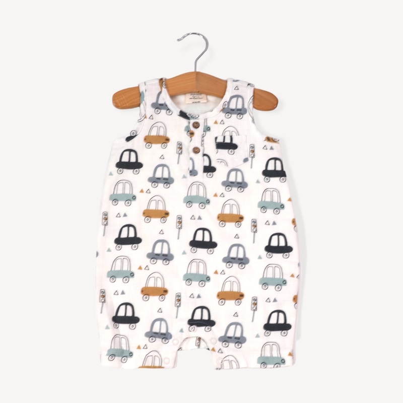 Short Henley Romper – Cars 0-3m