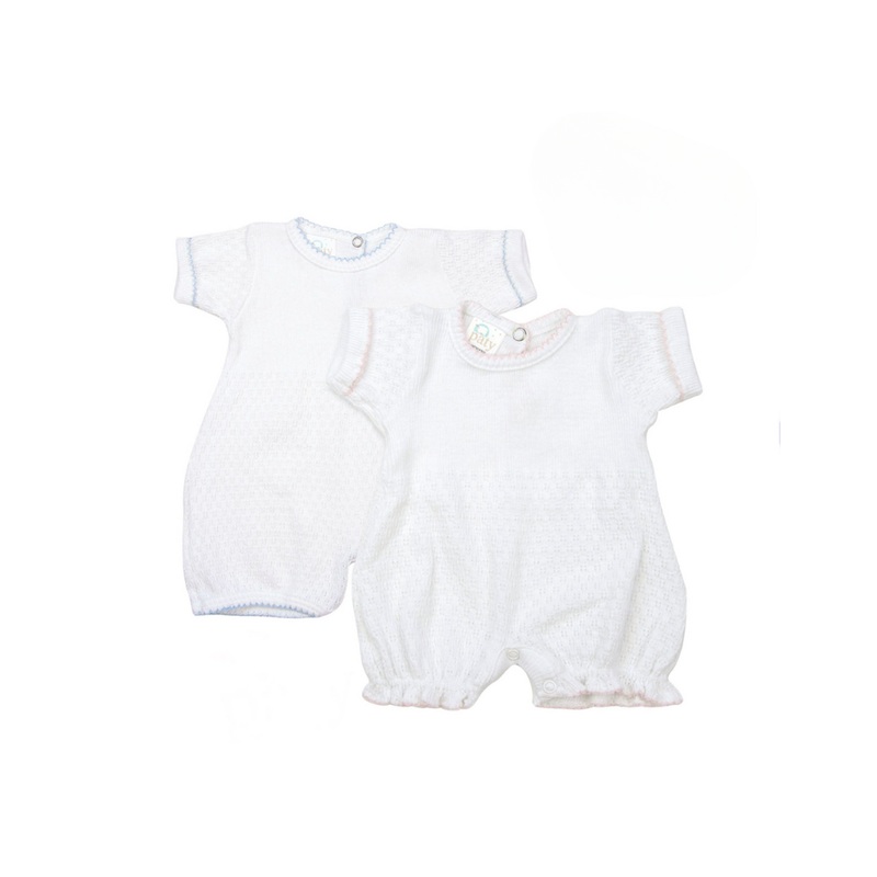 Short Sleeve Cuffed Gathered Knit Bubble – White with Blue Trim NB