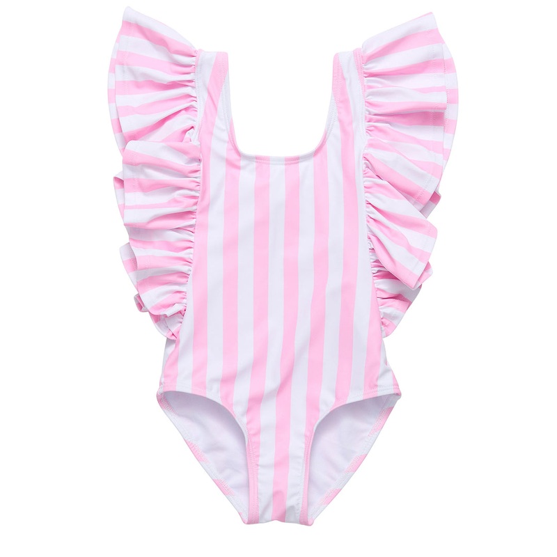 Wide Frill Swimsuit- Pink Stripes 3-6m