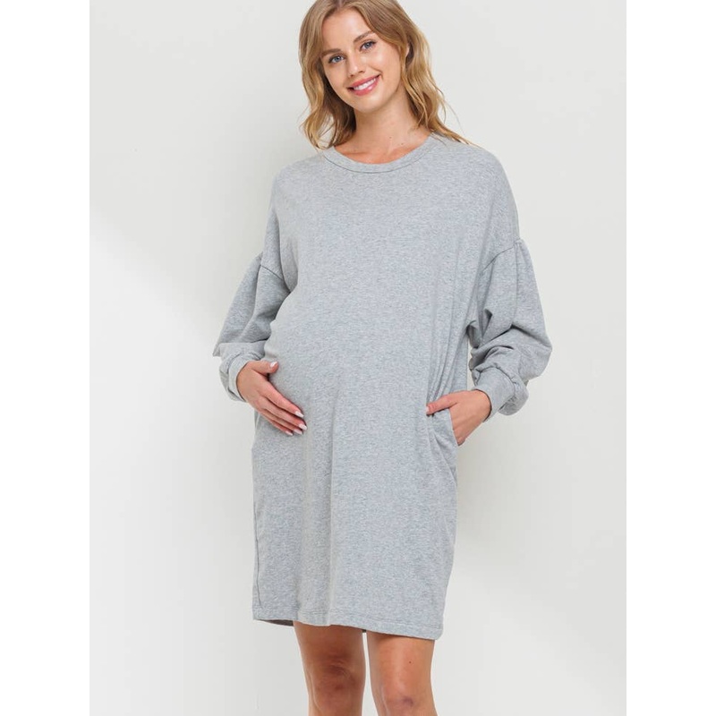 Crew Neck Maternity Sweater Dress with Pockets – Heather Grey S