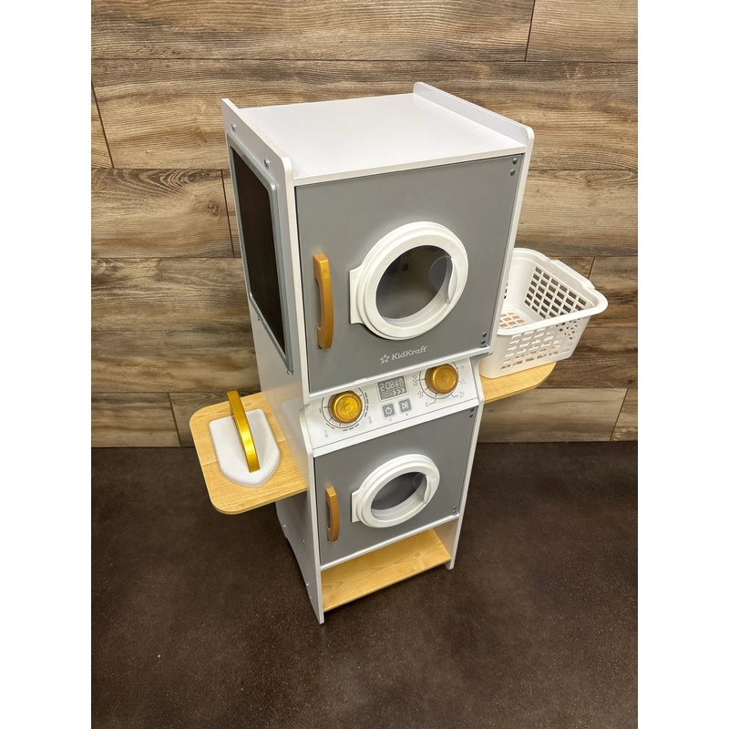 Wooden Laundry Play Set, Stacking Washer and Dryer with Iron and Basket