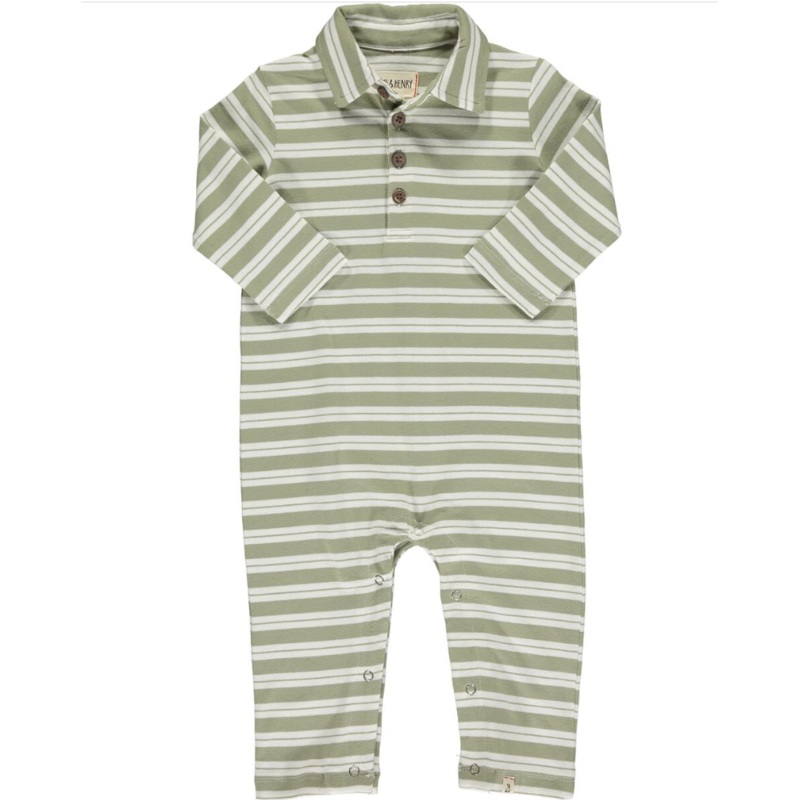 KINGSTON Polo Romper – Sage/Cream Stripe 0-3m