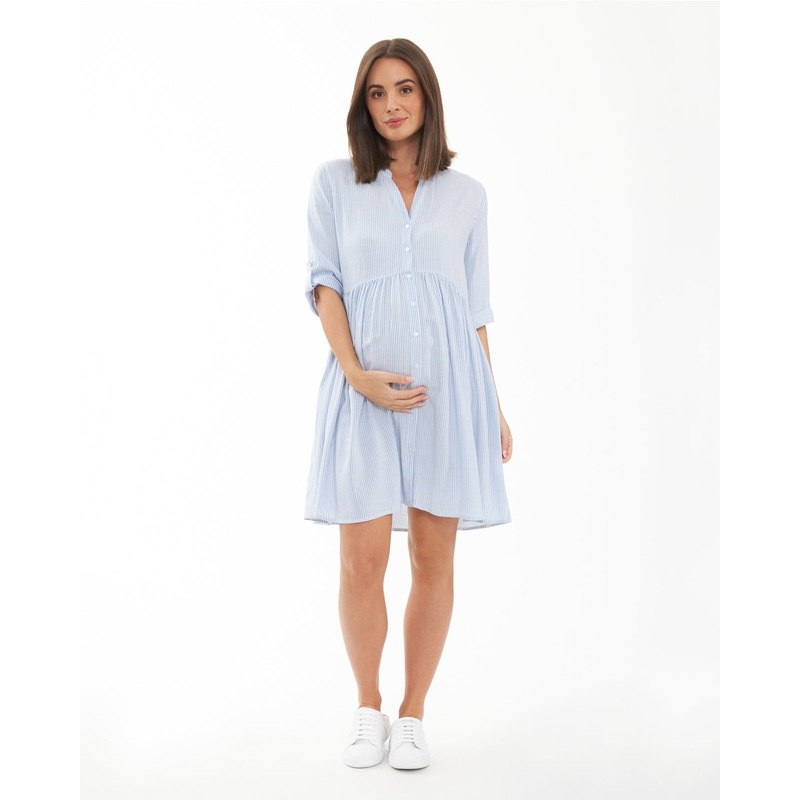 Sam Stripe Maternity/Nursing Dress- Sky Blue/White XS