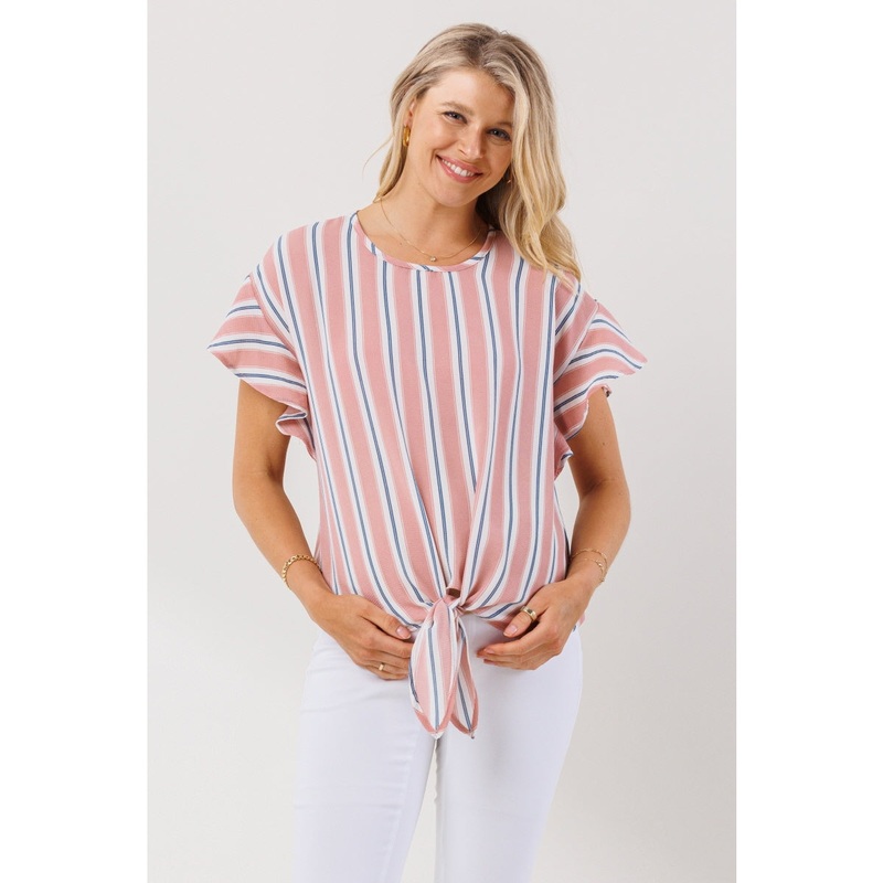 Striped Ruffle Sleeve Keyhole Back Maternity Top – Pink S