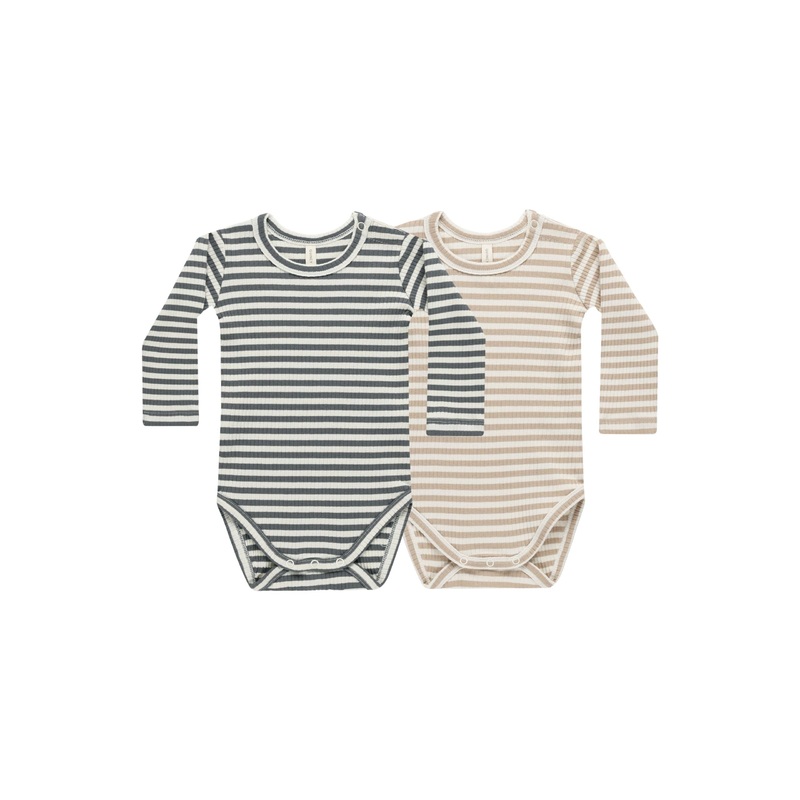 Ribbed Long Sleeve Bodysuit (Set of 2) – Indigo Stripe, Latte Stripe NB