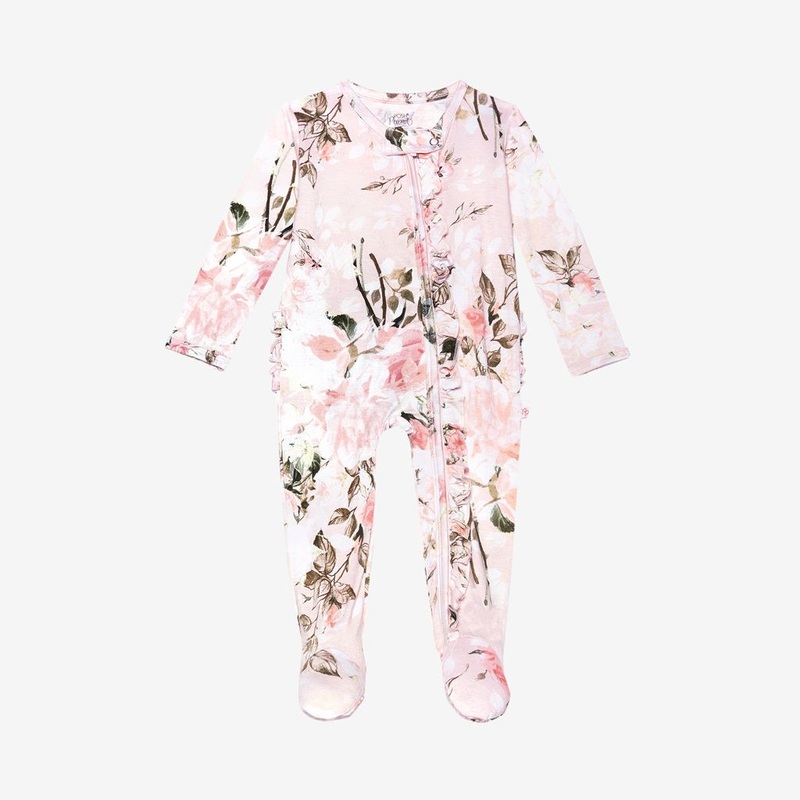 Ruffled Zippered Footie – Vintage Pink Rose NB