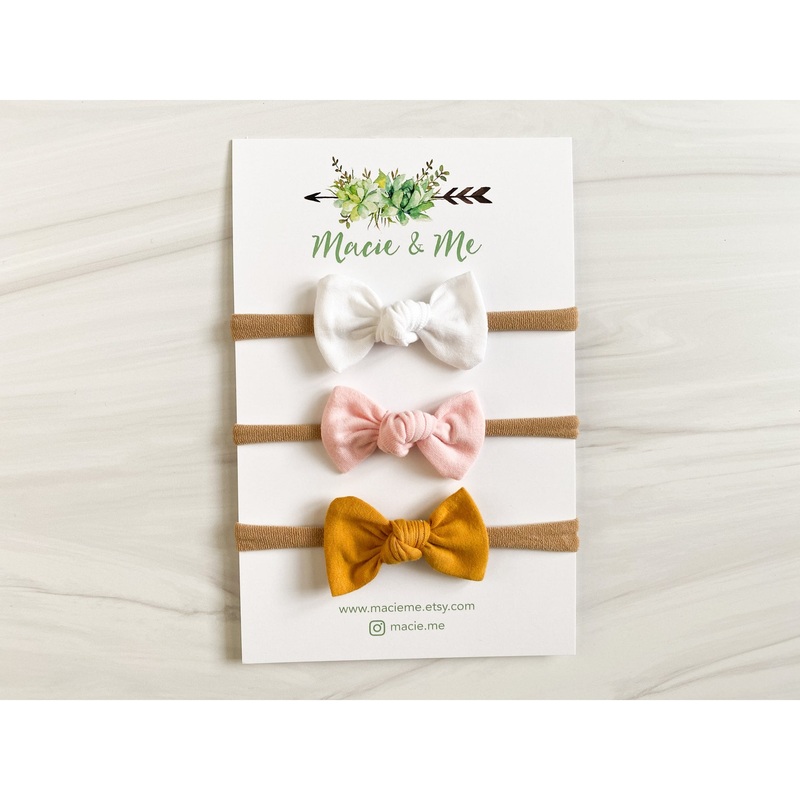 Set of 3 Tied Bows on Nylon Headbands – White, Pink, and Mustard