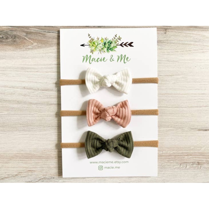 Set of 3 Tied Bows on Nylon Headbands – White, Pink, and Olive Green Ribbed