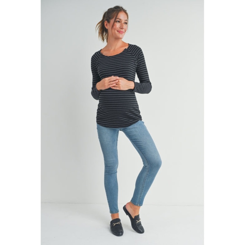 Stripe Maternity/Nursing Top with Button Detail – Black S