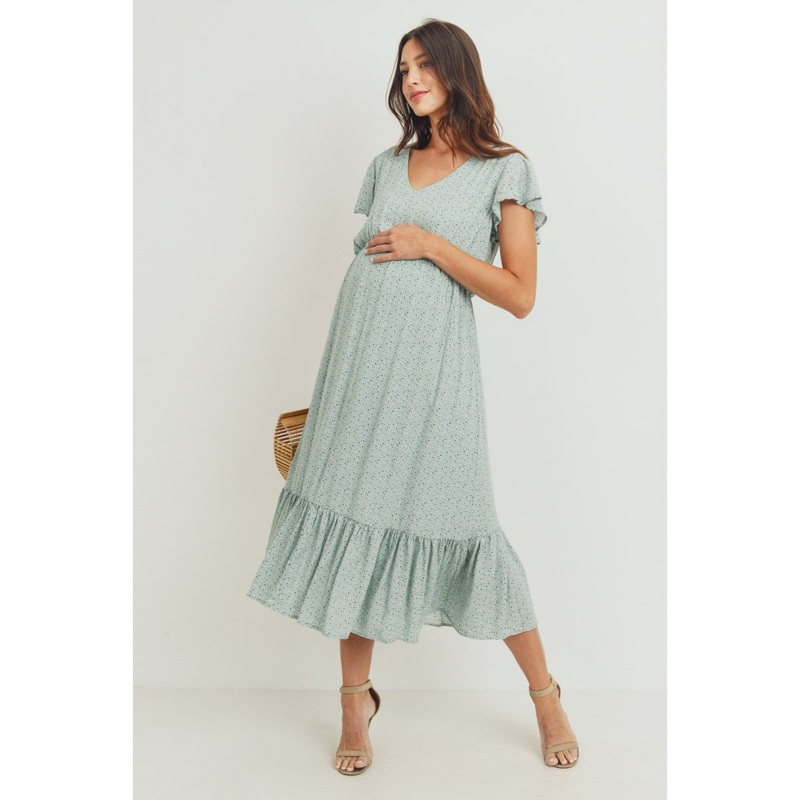 Flutter Sleeve V-Neck Maternity Ruffle Midi Dress S