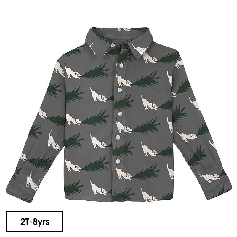 Long Sleeve Woven Button Down Shirt – Chistmas Tree Dog 2T